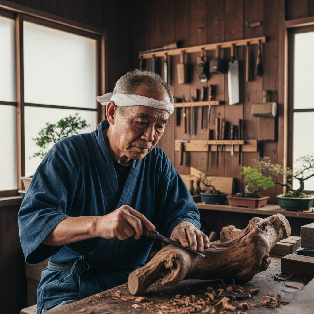 Takumi craftsman carefully working on a piece, demonstrating the attention to detail and dedication that goes into our ad creation process